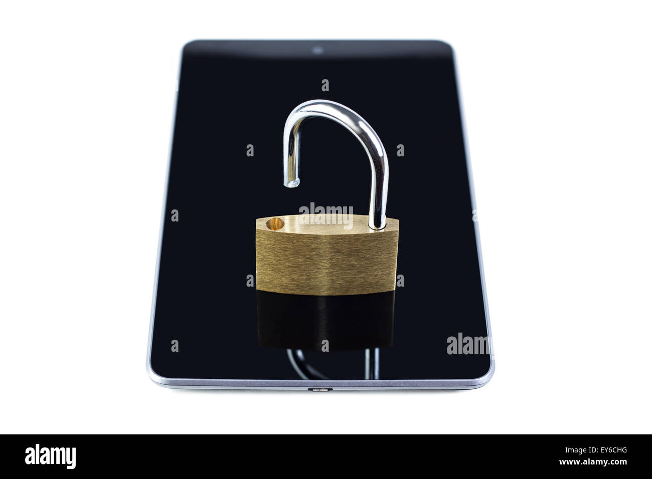 Unlocked padlock on tablet computer. Isolated on white background. Concept photo of technology, mobile&tablet computer security. Stock Photo