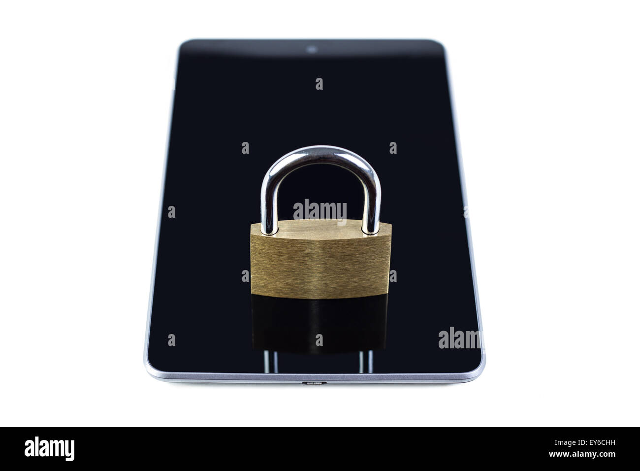 Locked padlock on a tablet computer. Isolated on white background. Concept photo of technology, mobile& tablet computer security Stock Photo