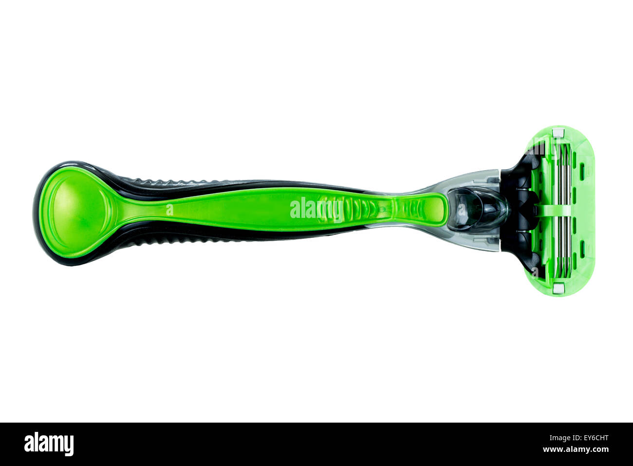 Close-up of a black & green men's razor, viewed from above, isolated on white background. Stock Photo