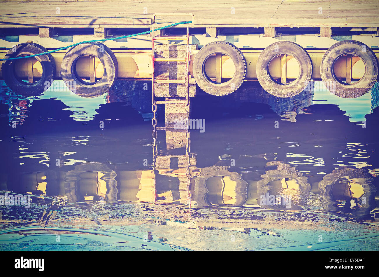 Vintage instagram toned industrial background, grungy port infrastructure. Stock Photo