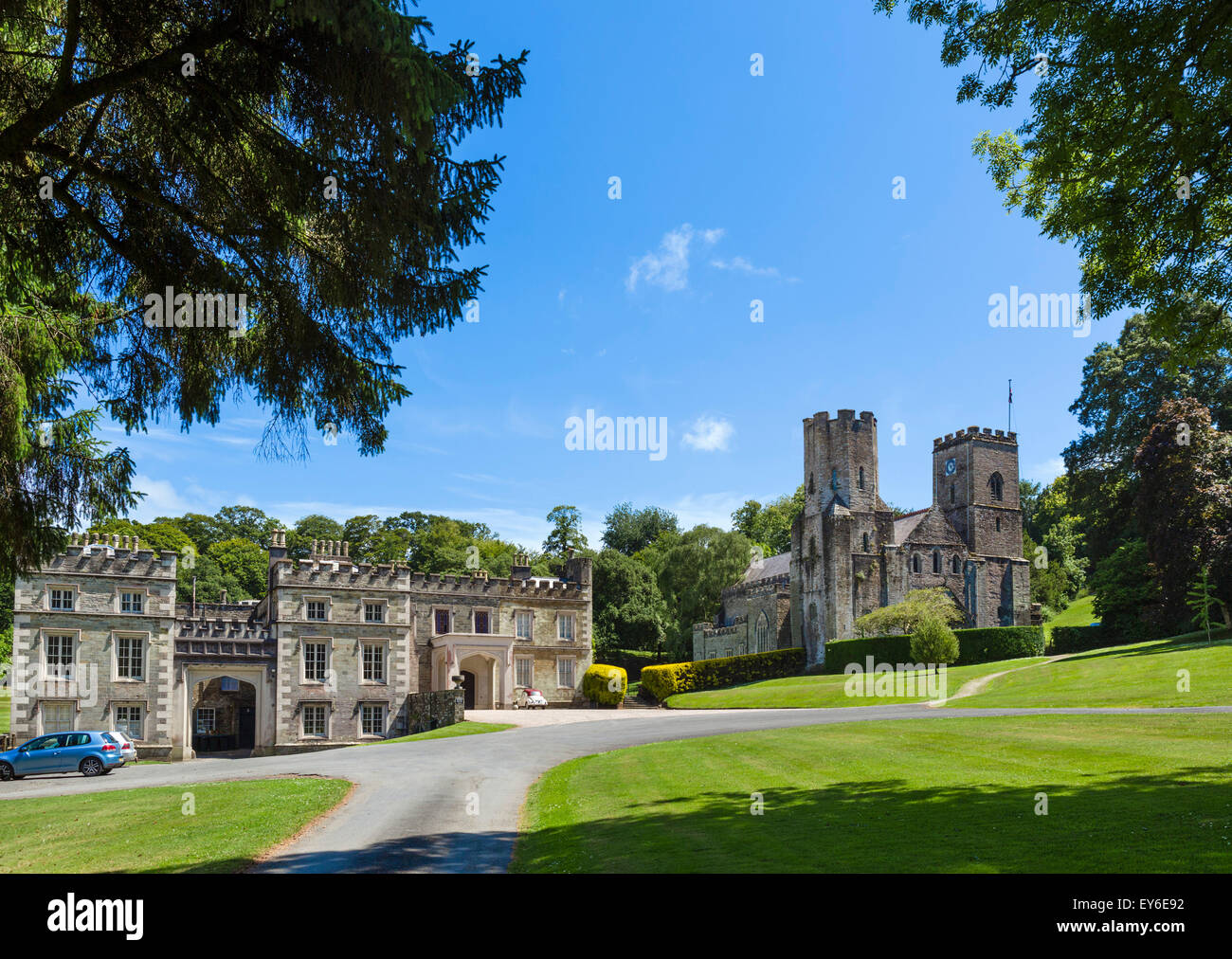 Port Eliot, ancestral home of the Eliot family, and St Germans Priory Church, St Germans, Cornwall, England, UK Stock Photo