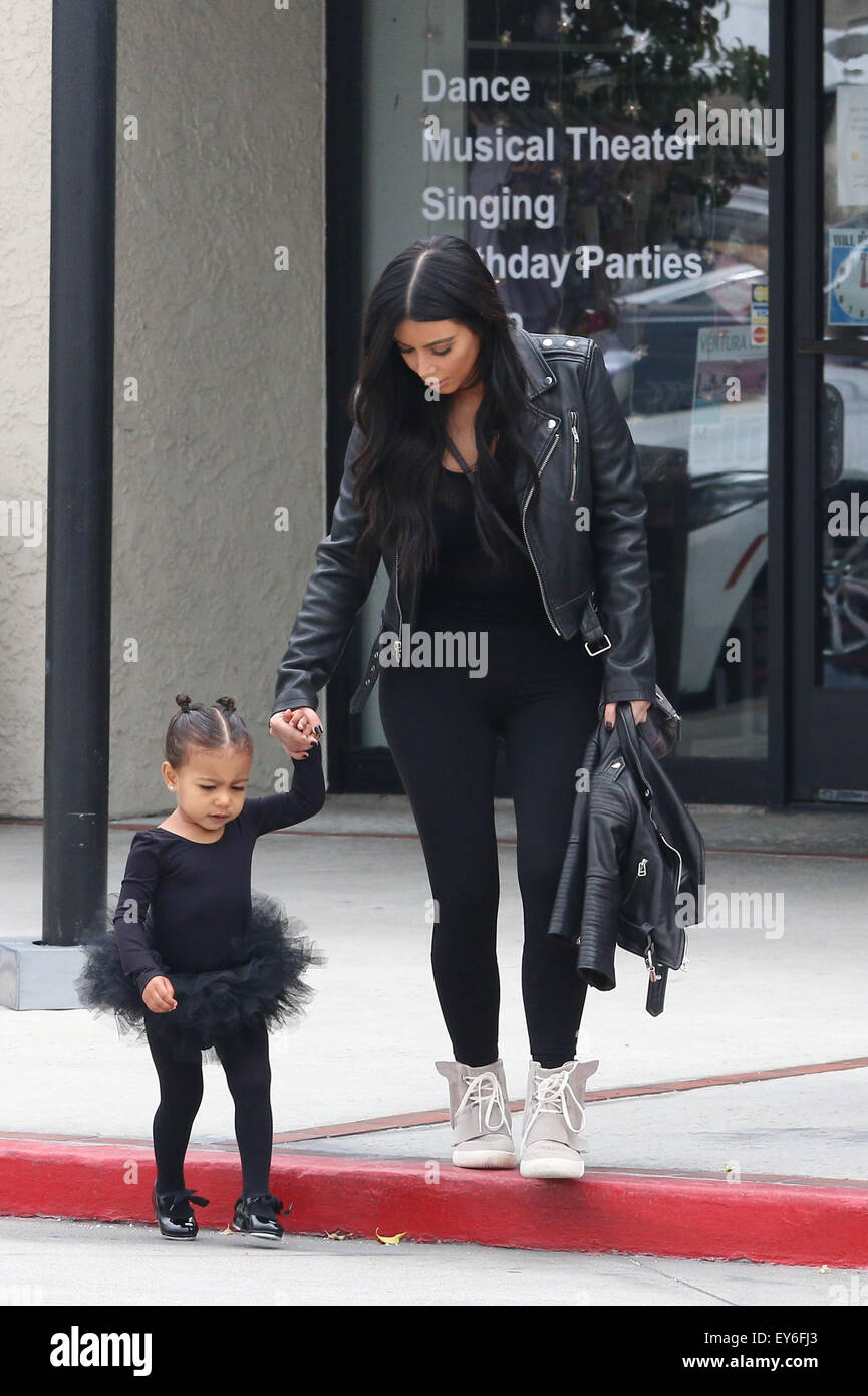 Kim Kardashian, sporting her husband's adidas Yeezy Boost by Kanye West  sneaker, takes daughter Nori West to a ballet class Featuring: Kim  Kardashian, Nori West Where: Reseda, California, United States When: 21