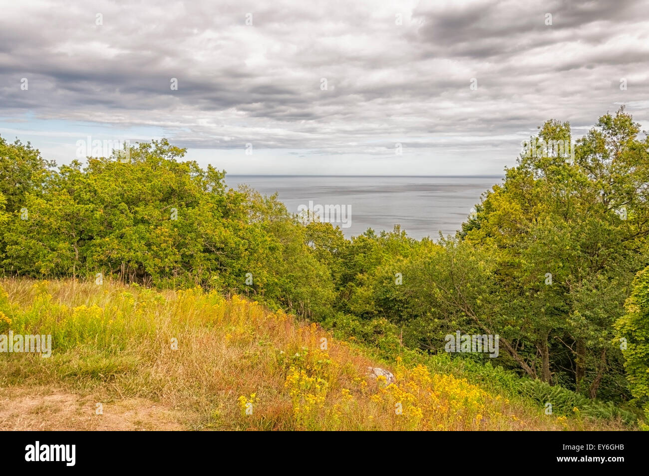 A view of the sea from a ridge in the Stenshuvud national park in Sweden. Stock Photo