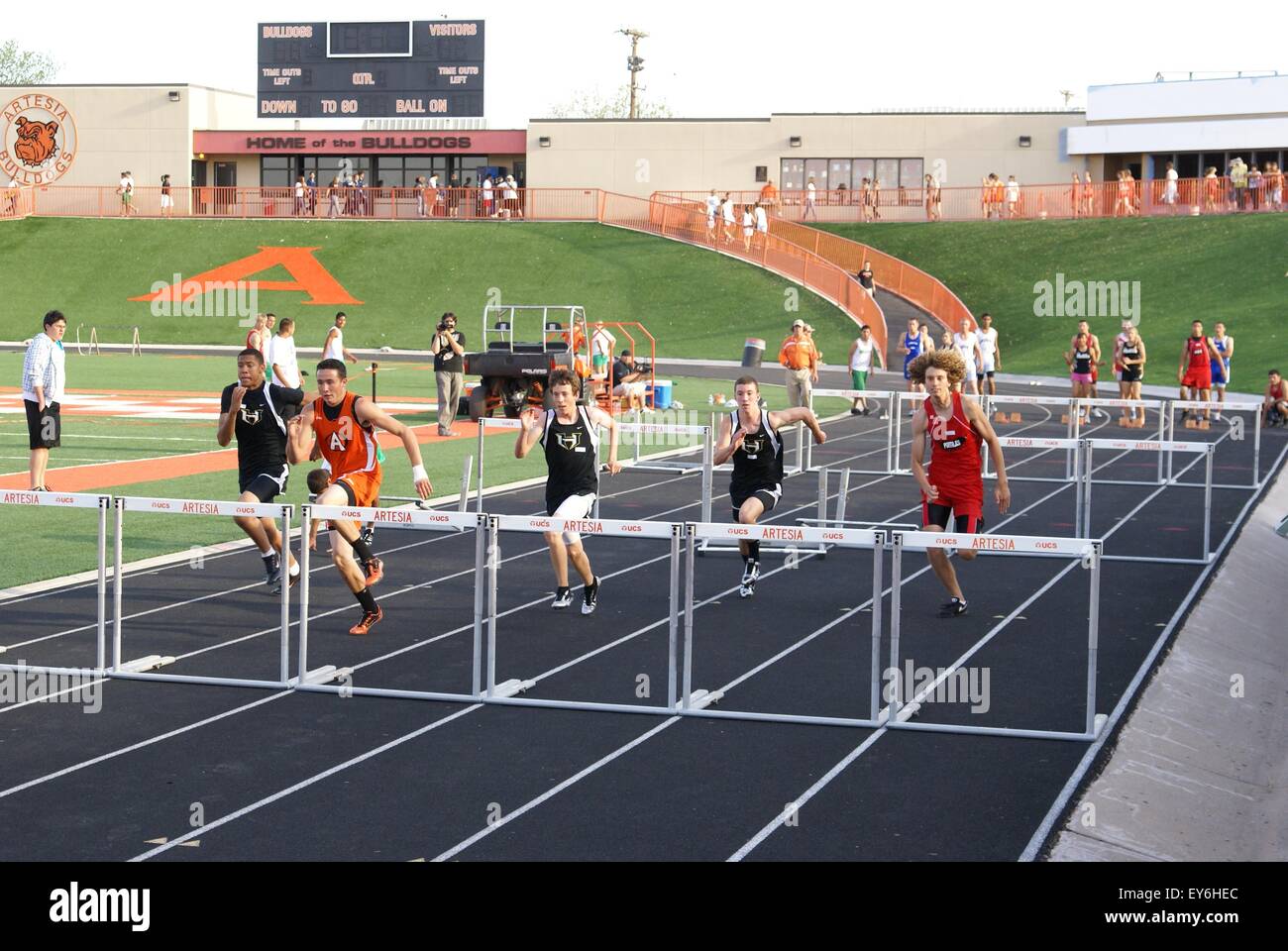 ARTESIA, NM APRIL 24 Boys competing in 100 meter hurdles race event