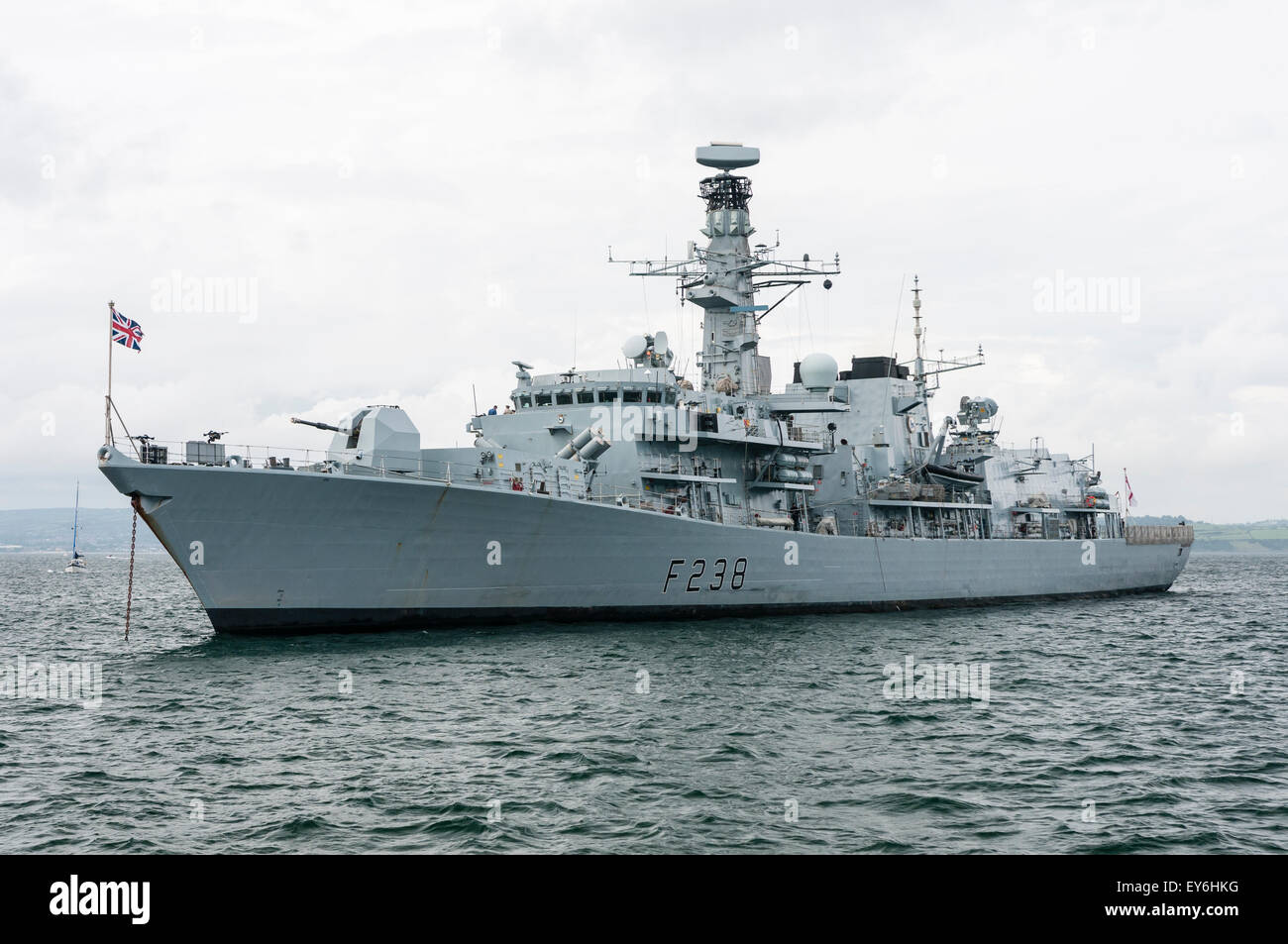Belfast, Northern Ireland. 5 Jul 2015 - HMS Northumberland, a Type 23 frigate of the Royal Navy, anchored at sea Stock Photo