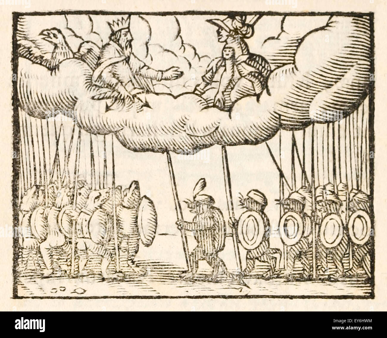 The mice and frogs prepare to fight, Zeus and Athena look on and decide not to intervene - Illustration from the 'Batrachomyomachia' (Battle of Frogs and Mice) a parody of Homer's epic poem the Iliad (circa 1200BC) dating from around 300BC. 17th century woodcut print illustrating Aesop's Fables. See description for more information. Stock Photo