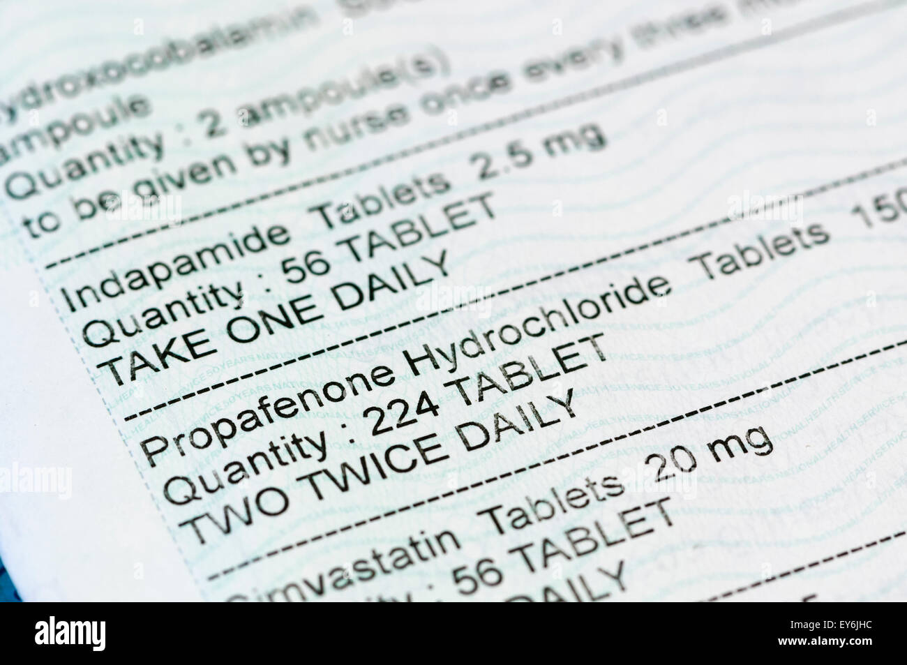 NHS prescription for blood pressure tablets and tablets to control heart rhythms Stock Photo