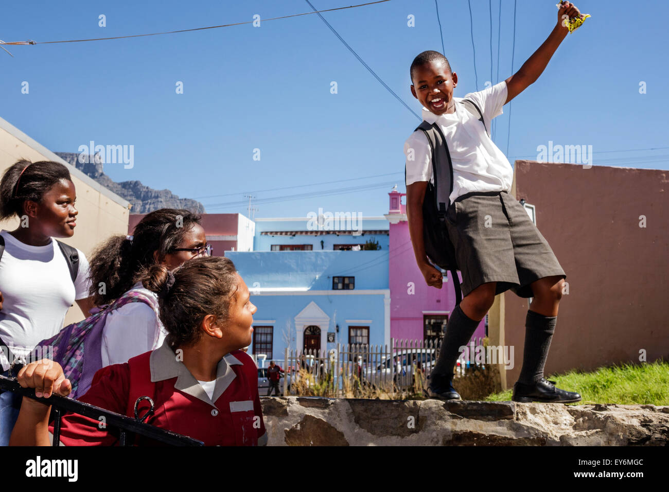 Cape Town South Africa,Bo-Kaap,Schotsche Kloof,Malay Quarter,Muslim,neighborhood,Black student students girl girls,youngster,female kids children male Stock Photo