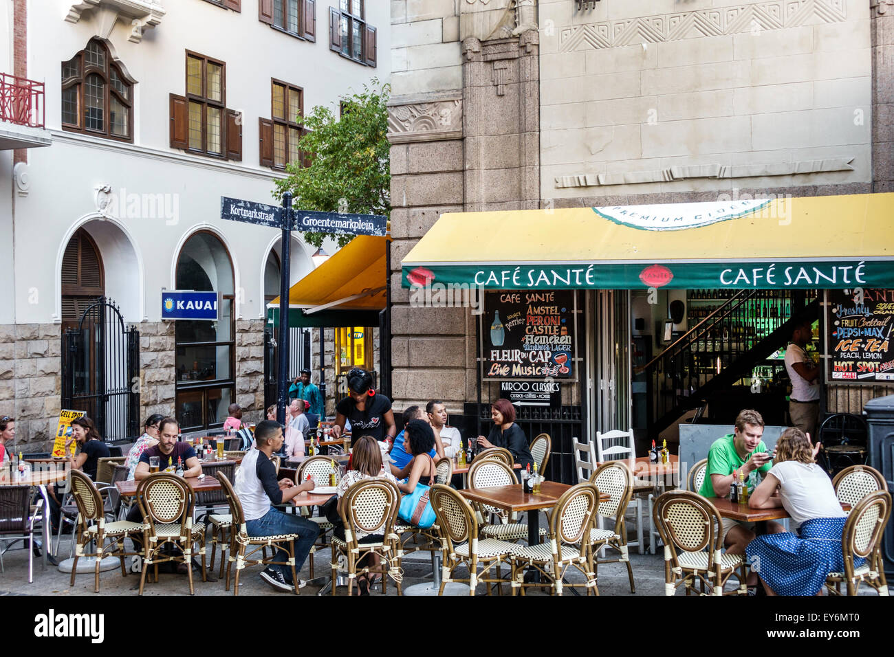 Cape Town South Africa,City Centre,center,Green Market Square,restaurant restaurants food dining cafe cafes,al fresco sidewalk outside tables,tables,C Stock Photo