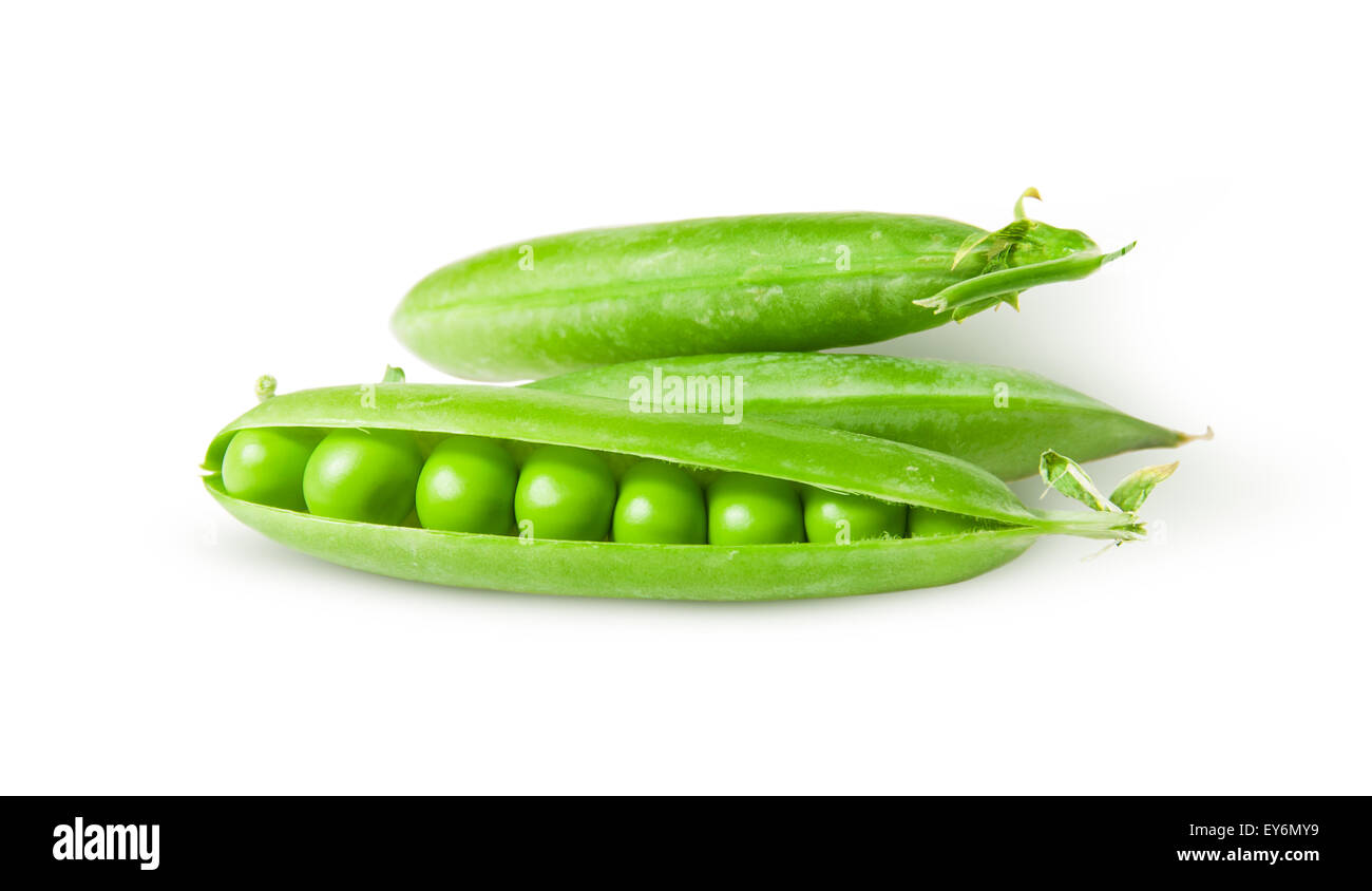 Three green peas in pods rotated isolated on white background Stock Photo