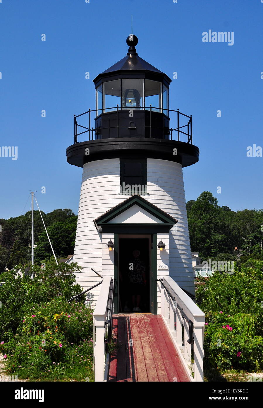 Mystic, CT: 1966 Brant Point Lighthouse, a replica of the original 18th century Nantucket lighthouse, at the Mystic Seaport * Stock Photo