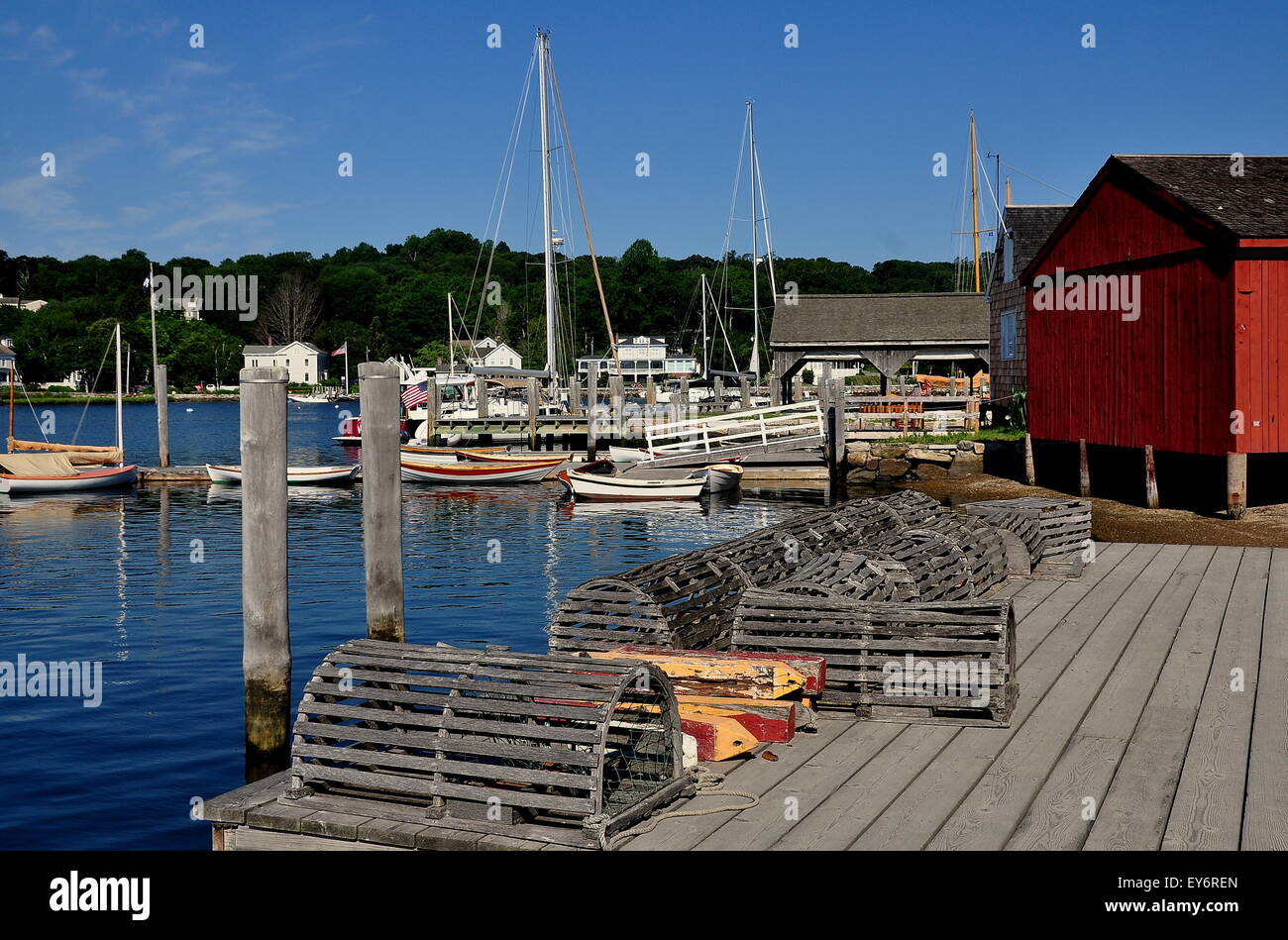Mystic, Connecticut:  Empty lobster traps sit on a wooden pier at Mystic Seaport Stock Photo