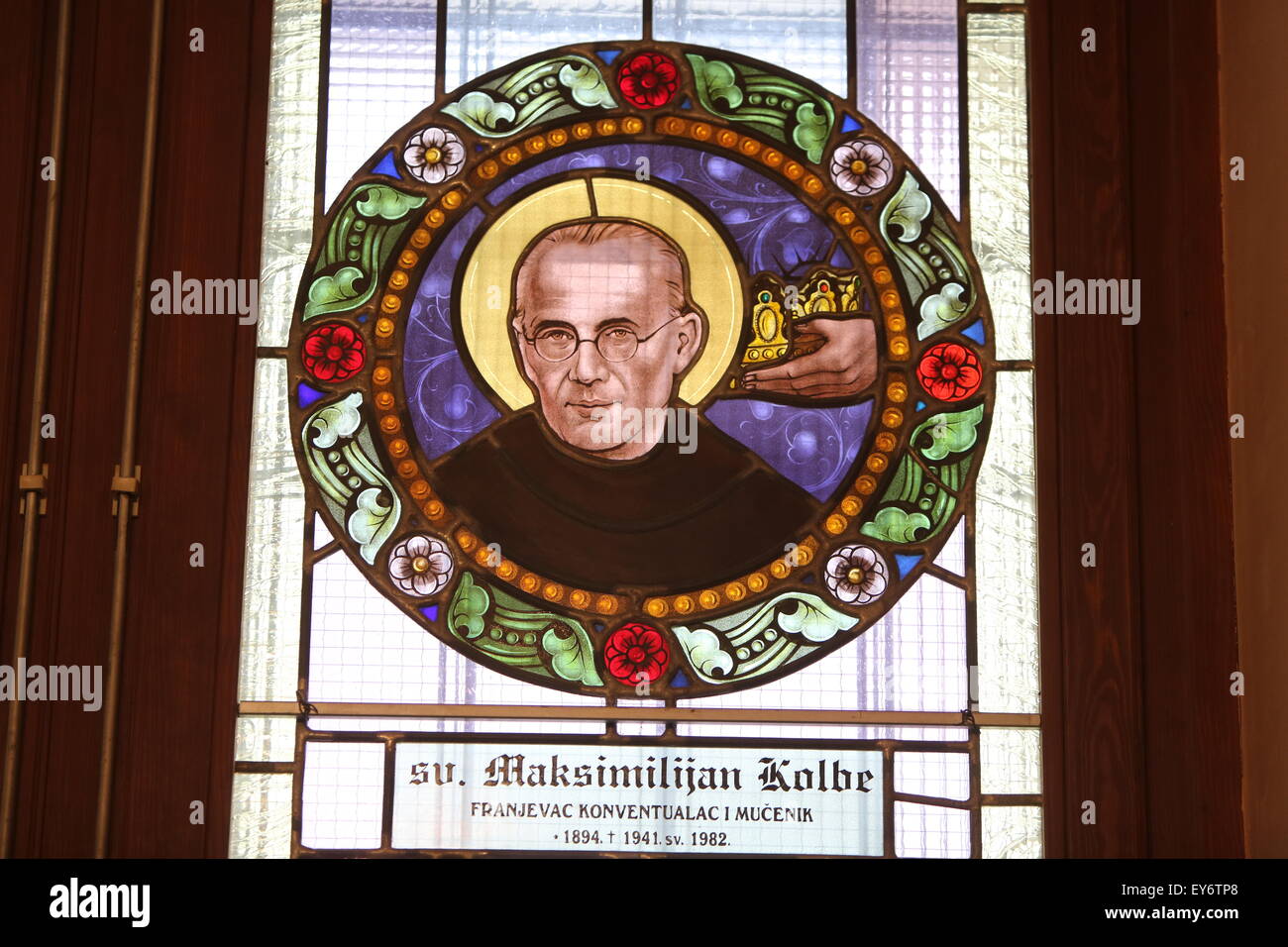 Maximilian Kolbe, stained glass window in Basilica Assumption of the Virgin Mary in Marija Bistrica, Croatia, on July 14, 2014 Stock Photo