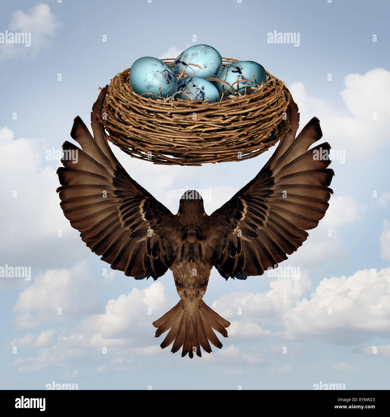 Home moving concept and relocating real estate metaphor as a mother or father parent bird transporting a nest full of eggs for a change in neighborhood or business idea for changing or relocate an investment to a safer location. Stock Photo
