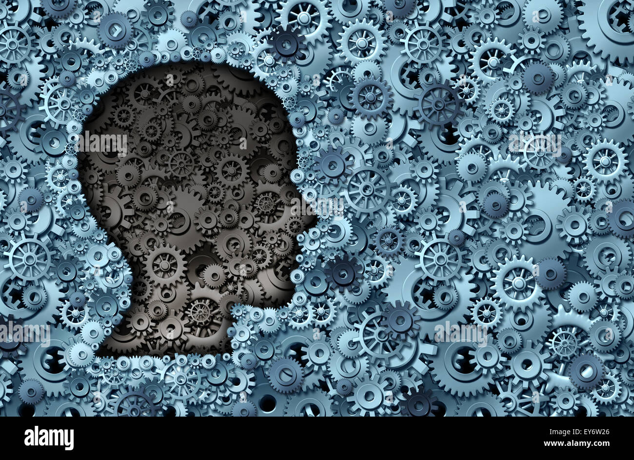 Intelligence machine and human brain as a thinking technology machine or neurology medical symbol with a head shape made of cogs and gears representing strategy psychological and mental neurological activity. Stock Photo