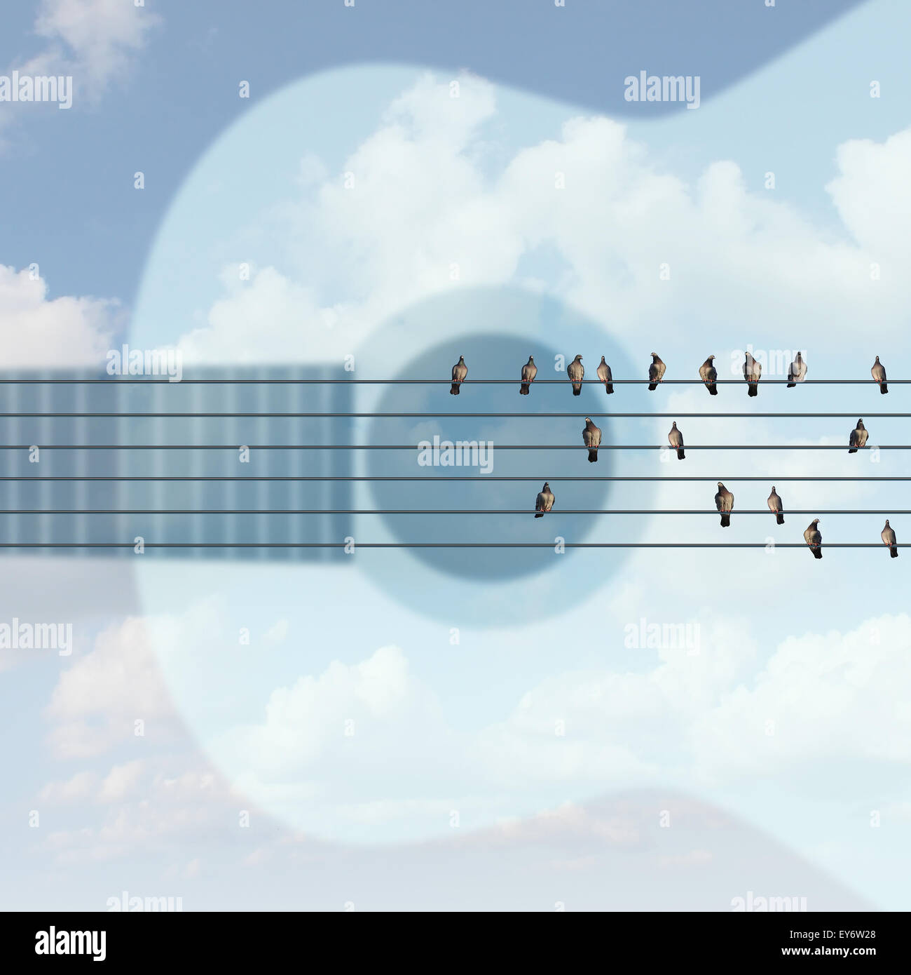 Outdoor musical concert concept as an open air music show symbol with a guitar shape in the sky with birds on six string electric wires as a summer celebration festival of jazz blues rock or country. Stock Photo