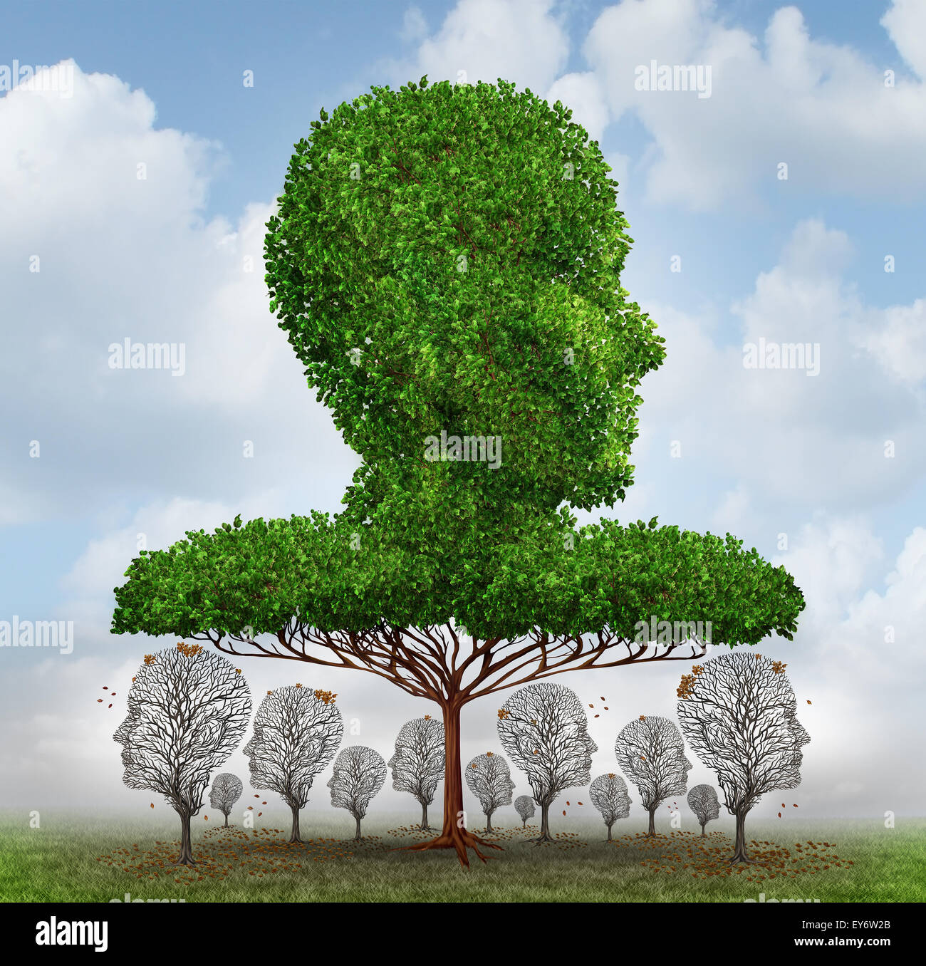 Social inequality concept as a giant tree shaped as a human head blocking the light to smaller trees that have lost their leaves below as an economic symbol of corruption unfairness and disparity between the rich and the poor. Stock Photo