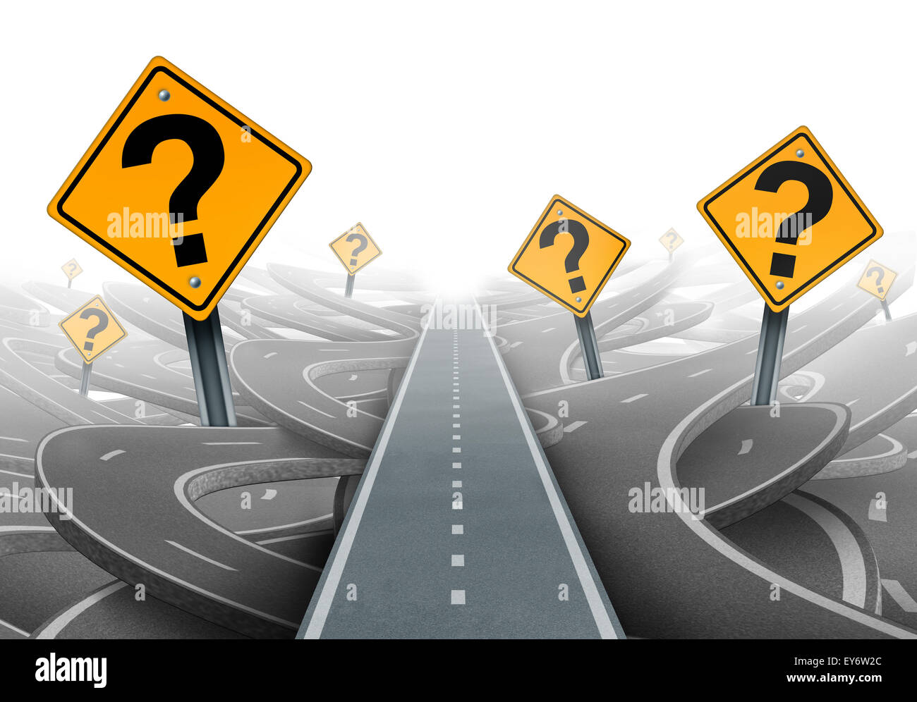 Solution and strategy path questions and clear planning for ideas in business leadership with a straight path to success choosing the right strategic plan with yellow traffic signs cutting through a maze of highways. Stock Photo