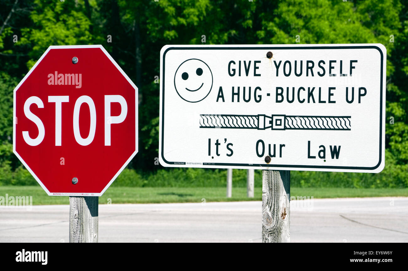 Sign promoting Wisconsin seat belt safety law Stock Photo