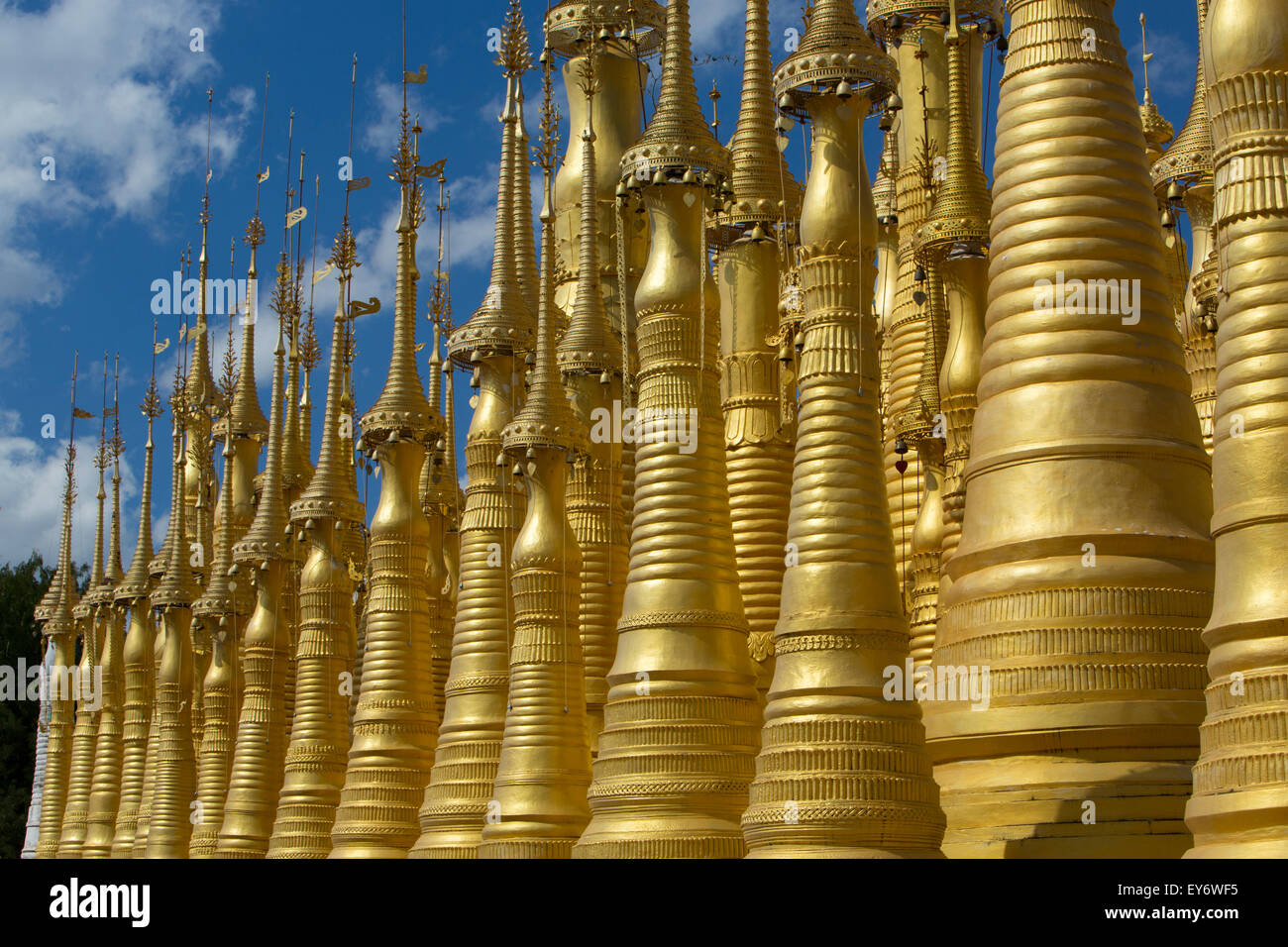 Inn Thein monastery gold stupas, Inle Lake, Myanmar Stock Photo