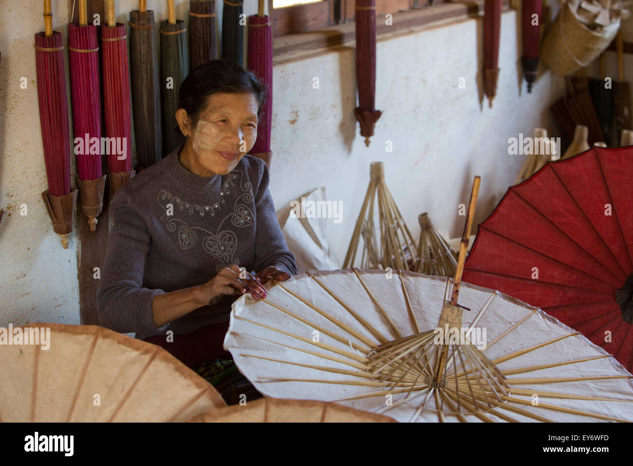 Pindaya paper umbrella workshop, Myanmar Stock Photo