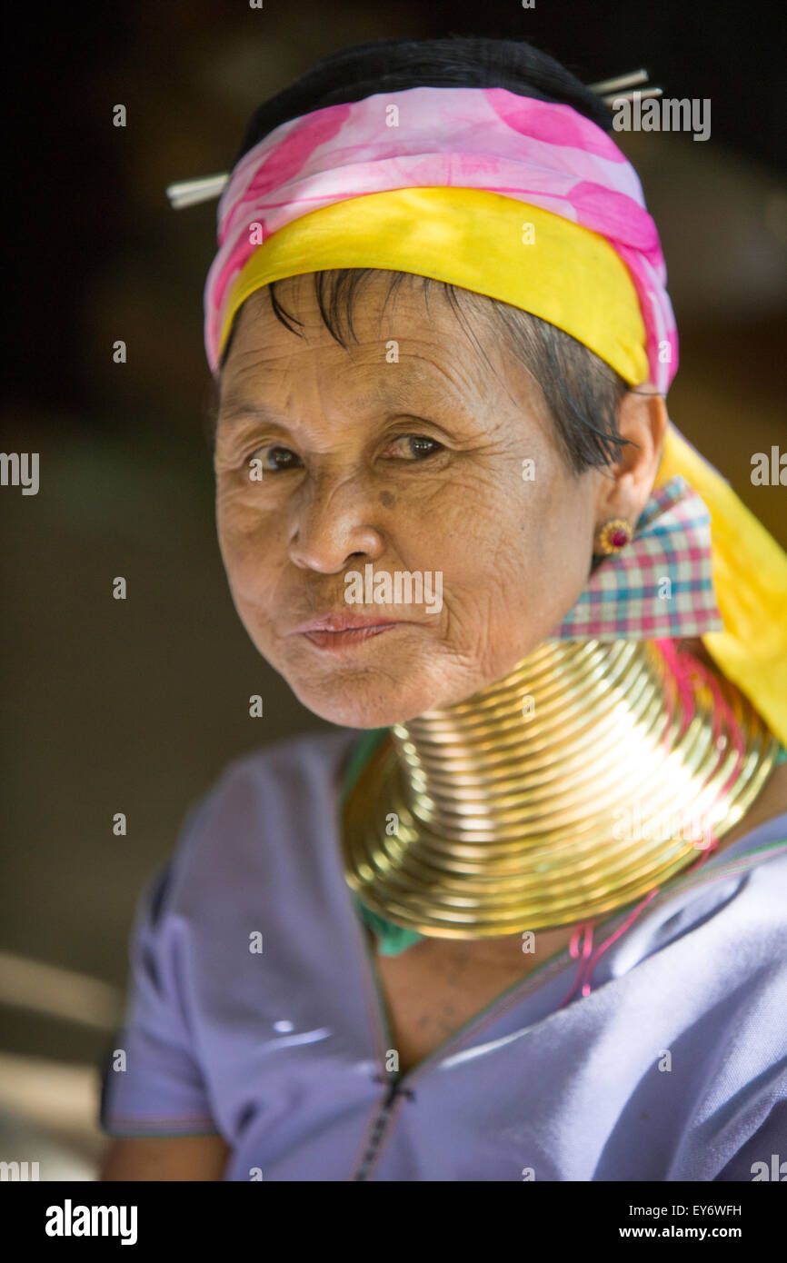 Padong long-neck woman at Bagan village, Myanmar Stock Photo