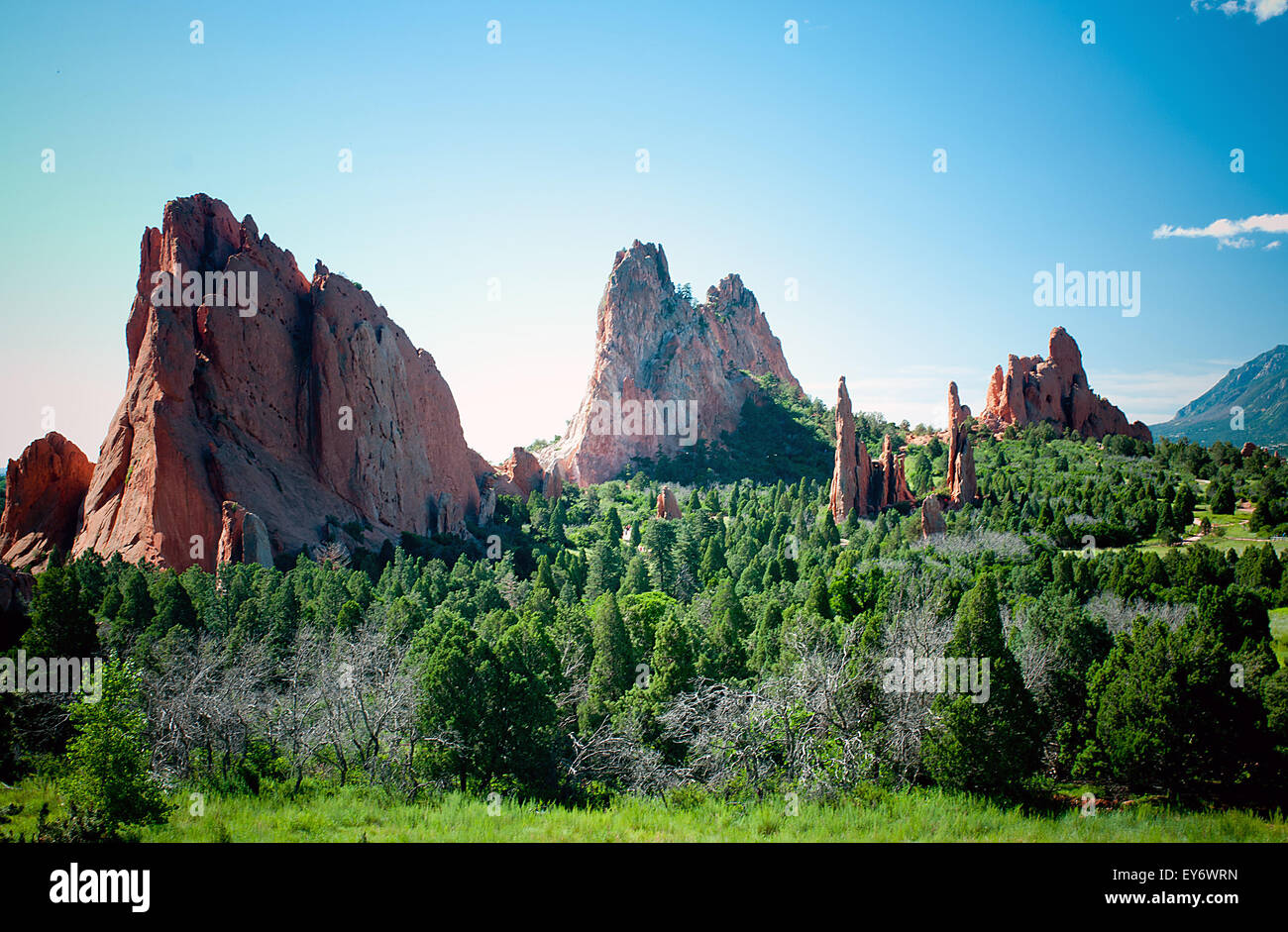 The central valley floor in the Garden of the Gods. The Garden of the Gods is one of the most popular city parks in the United States and offers urban hiking, rock climbing, horseback riding and cycling within just a few minutes of the city of Colorado Springs, Colorado. Stock Photo