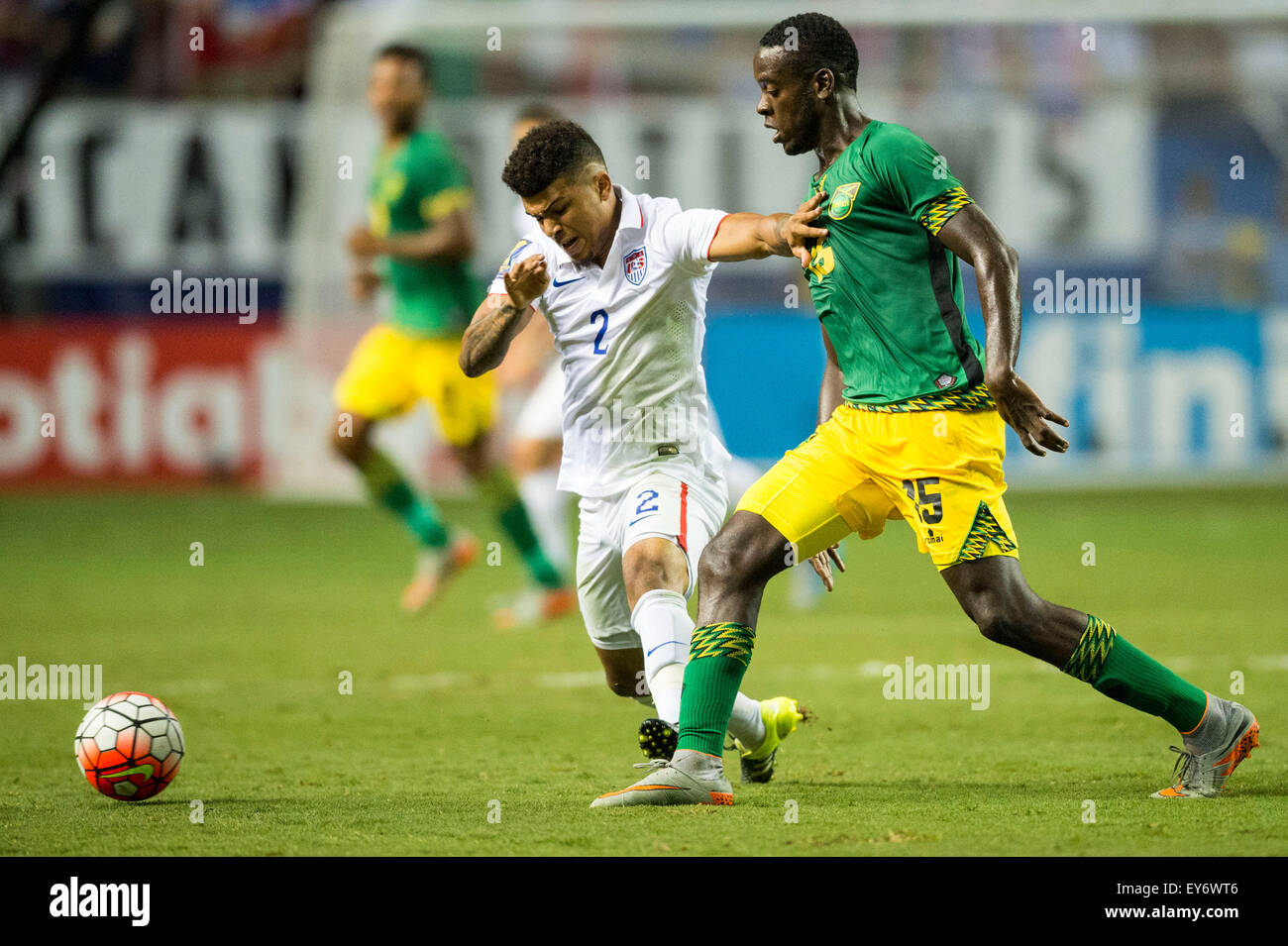 Atlanta, GA, USA. 22nd July, 2015. #2 USA M DeAndre Yedlin and #15 Jamaica M Je-Vaughn Watson during the CONCACAF Gold Cup semifinal match between USA and Jamaica at the Georgia Dome in Atlanta, GA. Jacob Kupferman/CSM/Alamy Live News Stock Photo