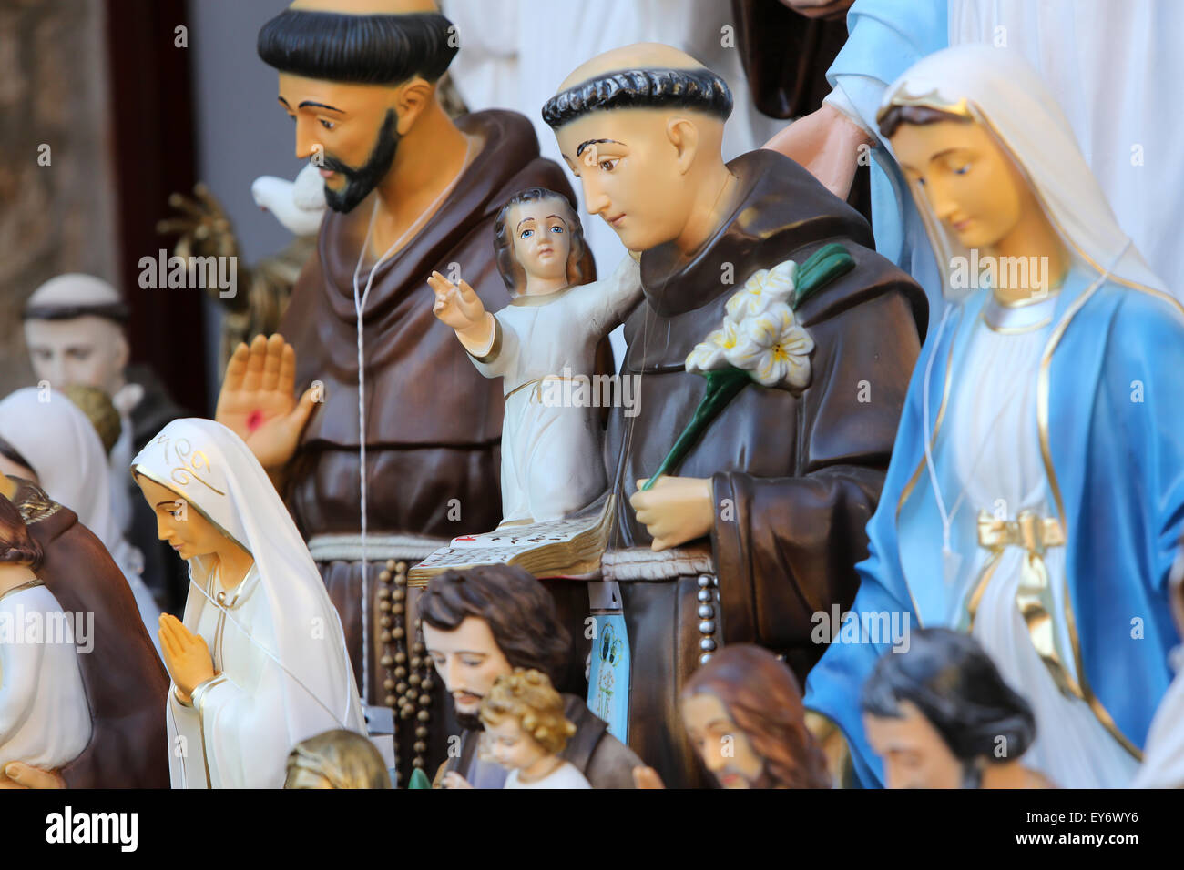 Catholic Religious items, figurines of saints in one of the Souvenir