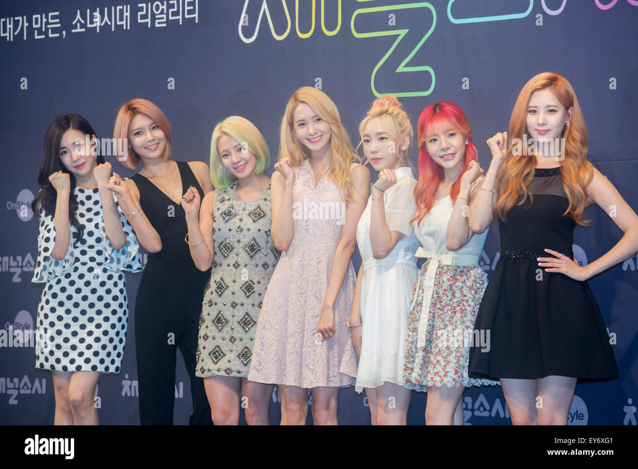 Girls' Generation, Jul 21, 2015 : (L-R) Tiffany, Soo-Young, Hyo-Yeon, Yoon-A, Tae-Yeon, Sunny and Seo-Hyun of South Korean girl Girls' Generation, attend a press for a new variety TV
