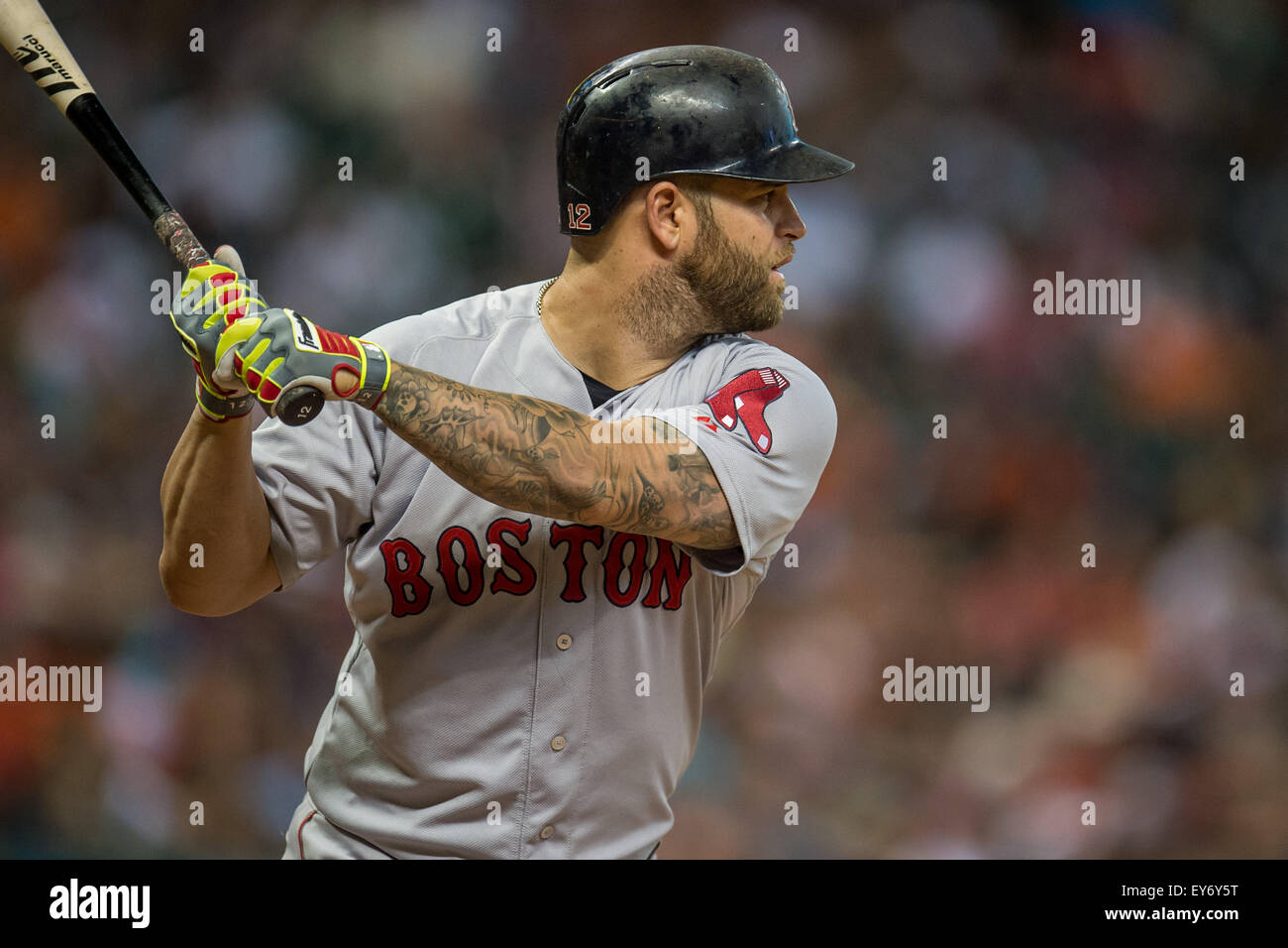 Houston, TX, USA. 22nd July, 2015. Boston Red Sox first baseman Mike Napoli (12) bats during the 5th inning of a Major League Baseball game between the Houston Astros and the Boston Red Sox at Minute Maid Park in Houston, TX. Trask Smith/CSM/Alamy Live News Stock Photo