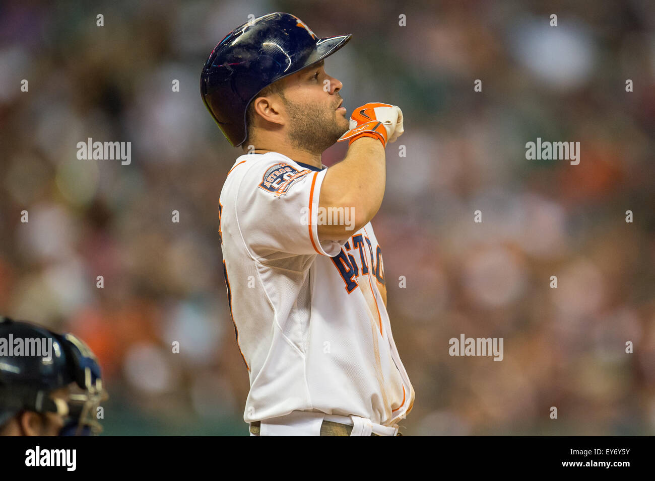 Houston, TX, USA. 22nd July, 2015. Houston Astros second baseman Jose Altuve (27) prepares to bat during the 5th inning of a Major League Baseball game between the Houston Astros and the Boston Red Sox at Minute Maid Park in Houston, TX. Trask Smith/CSM/Alamy Live News Stock Photo
