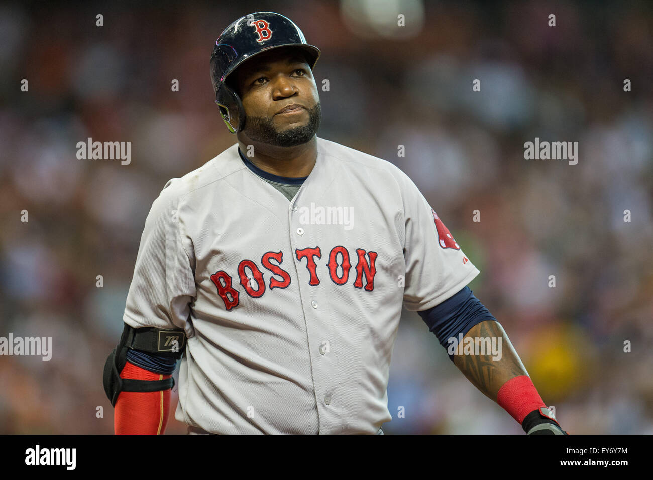 Houston, TX, USA. 22nd July, 2015. Boston Red Sox designated hitter David Ortiz (34) bats during the 4th inning of a Major League Baseball game between the Houston Astros and the Boston Red Sox at Minute Maid Park in Houston, TX. Trask Smith/CSM/Alamy Live News Stock Photo