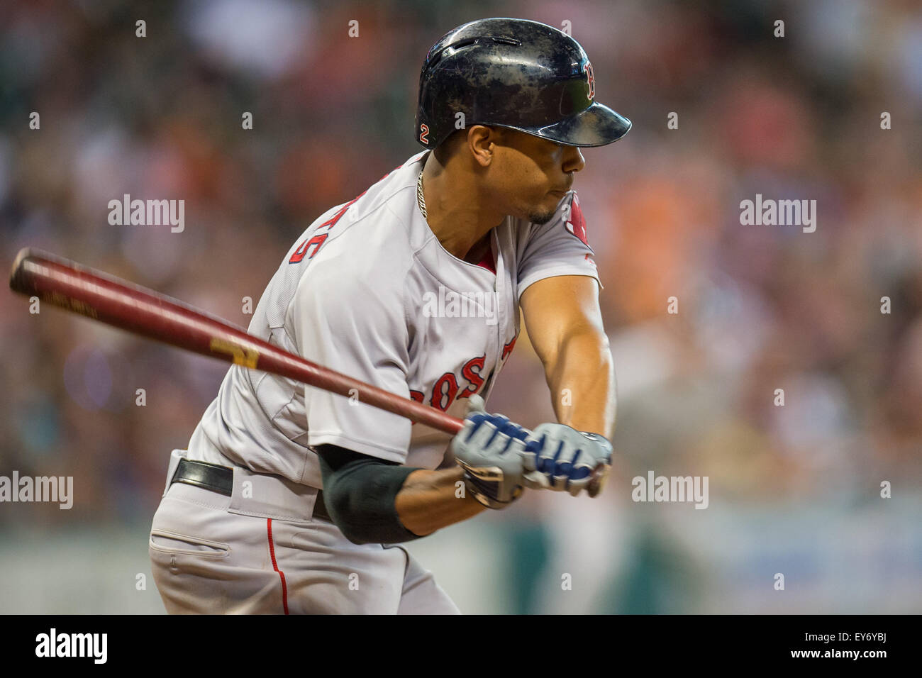 Houston, TX, USA. 22nd July, 2015. Boston Red Sox shortstop Xander Bogaerts (2) bats during the 4th inning of a Major League Baseball game between the Houston Astros and the Boston Red Sox at Minute Maid Park in Houston, TX. Trask Smith/CSM/Alamy Live News Stock Photo