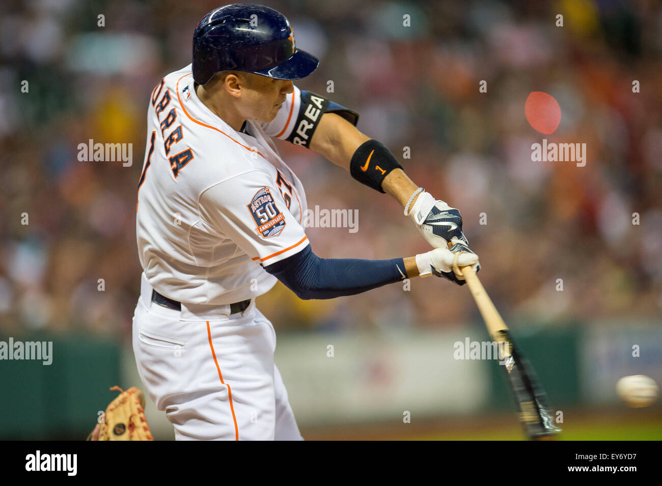 Houston, TX, USA. 22nd July, 2015. Houston Astros shortstop Carlos Correa (1) hits a single during the 5th inning of a Major League Baseball game between the Houston Astros and the Boston Red Sox at Minute Maid Park in Houston, TX. Trask Smith/CSM/Alamy Live News Stock Photo
