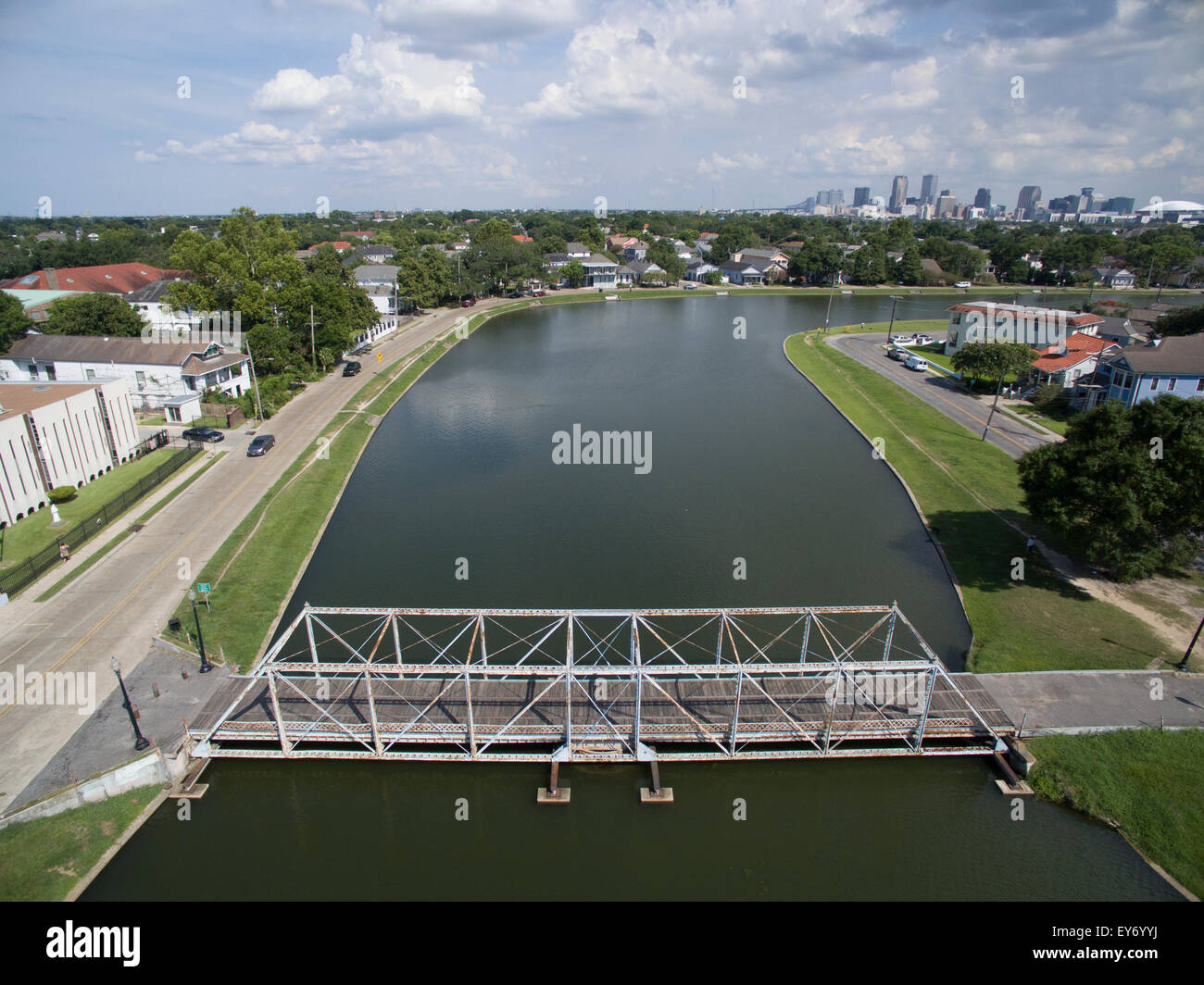 View of New Orleans skyline and the Bayou Saint John Bridge as seen