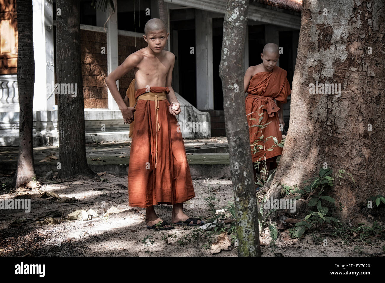 Thailand young monks. Novice boy Buddhist monks at a Thai jungle retreat. Thailand S. E. Asia Stock Photo