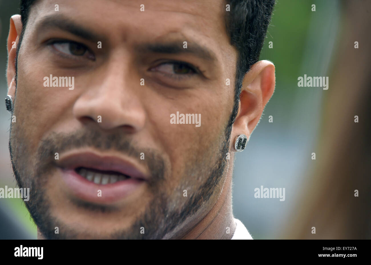 Brazilian national player and player of FC Zenit St. Petersburg, Hulk, talks to media representatives on the training grounds in St. Petersburg, Russia, 20 July 2015. Racist comments are part of the everyday life in Russian soccer, Hulk said. 'That happens during every match. I used to get mad. Today I blow the supporters kisses', the striker said on Monday. Photo: Marcus Brandt/dpa Stock Photo