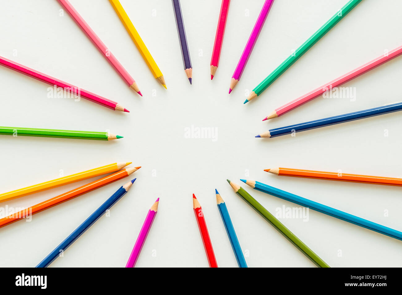 Coloring pencils arranged around a rough circle centre Stock Photo