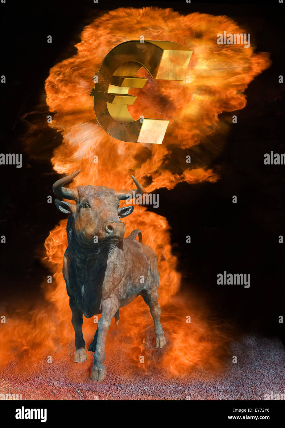 Bull with euro sign in firestorm, symbolic image for bull market Stock Photo