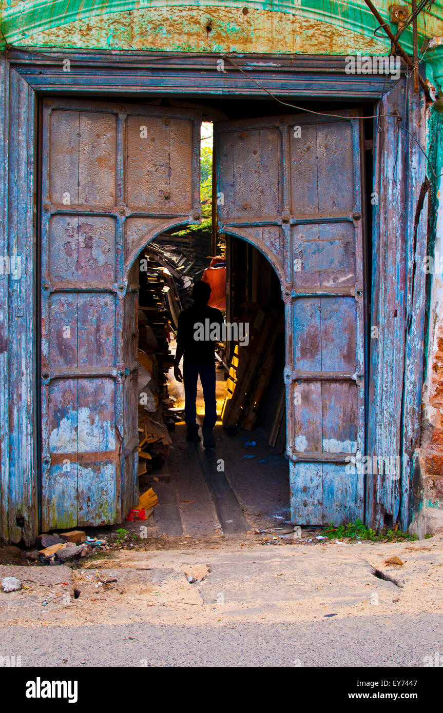 old wood door, market corner, fort cochin, kerala, india, asia Stock