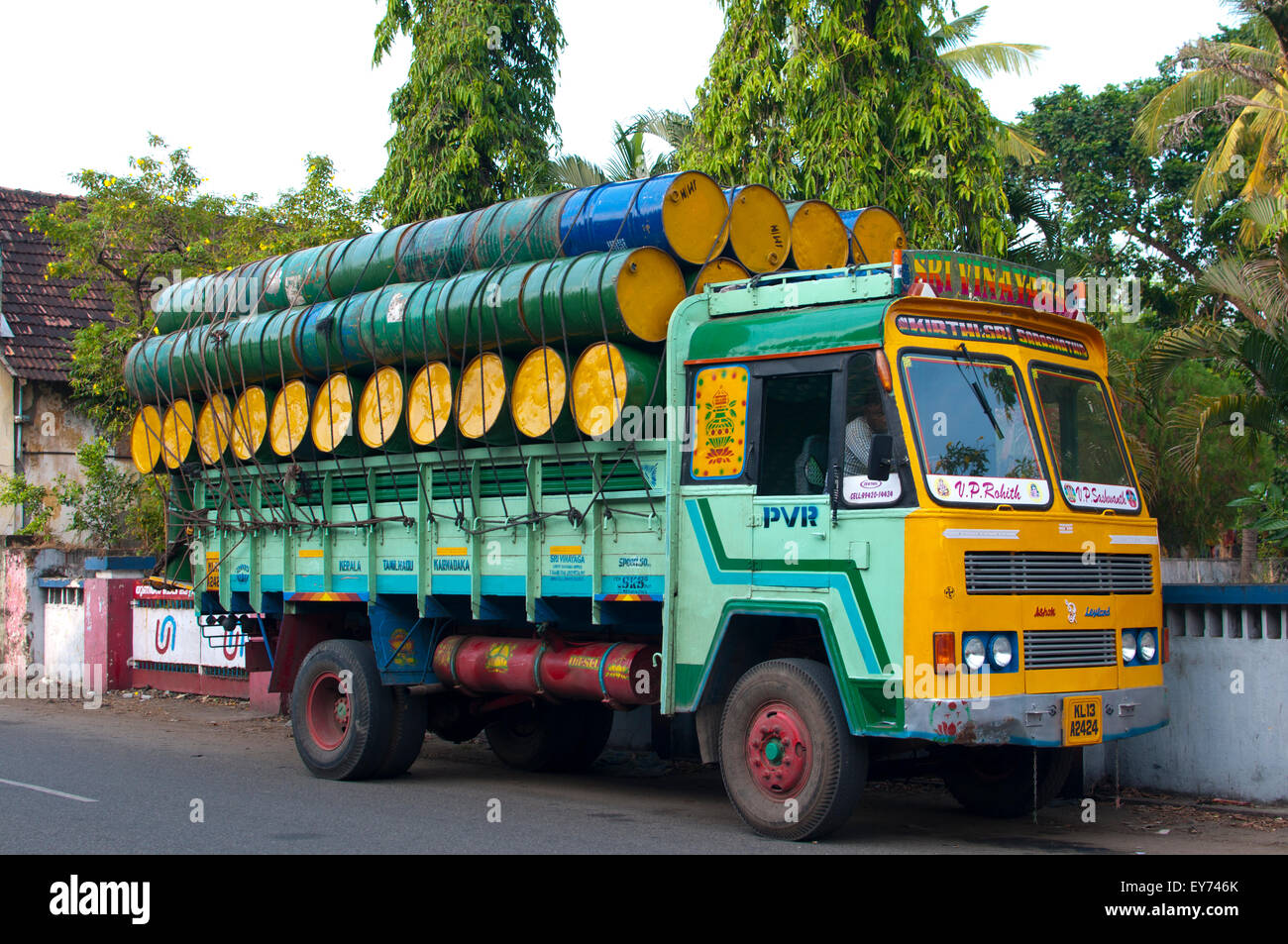 Indian Truck with oil barrels, Fort Cochin, Kerala, South India, Asia Stock Photo