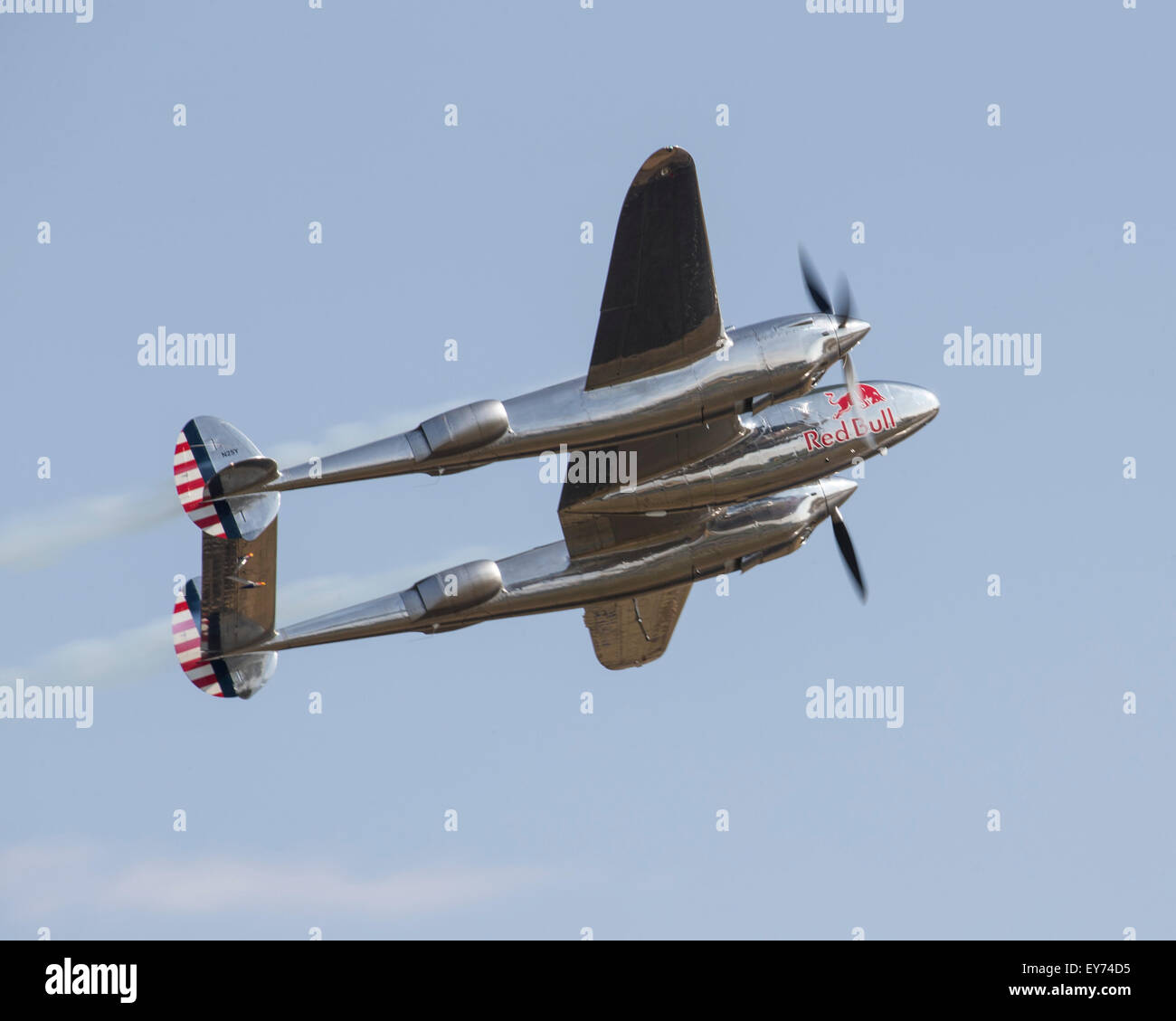 Lockheed P38-L Lightning USAF World War 2 fighter aircraft owned by 'Red Bull' at the 2015 Flying Legends air show Stock Photo