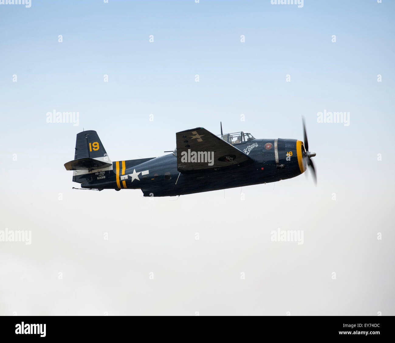 Preserved US Navy World War 2 Grumman Avenger Torpedo bomber flying at Flying Legends 2015 Stock Photo