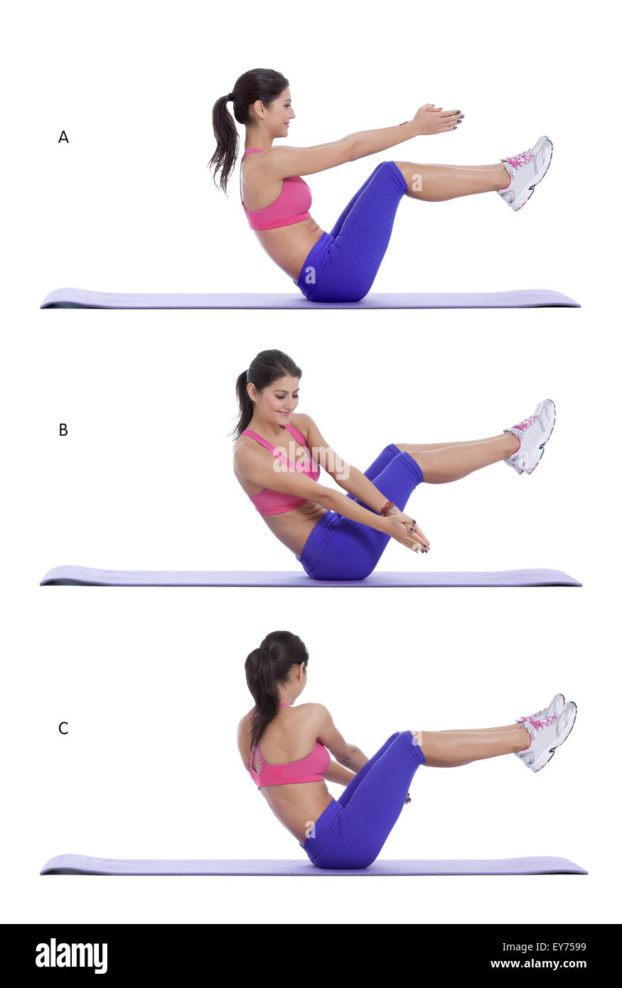Step by step instructions for abs: Lie on the floor with your lower back pressed against the floor and knees bent in the air and Stock Photo