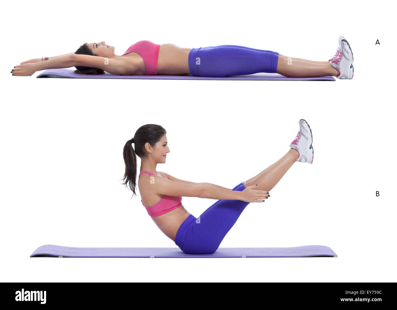 Step by step instructions for abs: Lie on the ground with your legs straight and feet together. Bring both arms overhead and res Stock Photo
