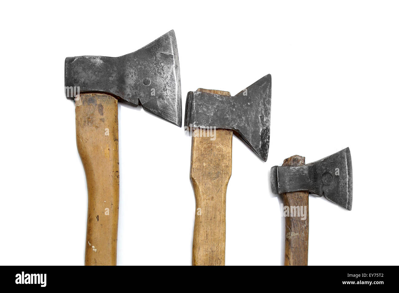 axes big large medium small wooden handle working vintage isolated construction steel rusted Stock Photo