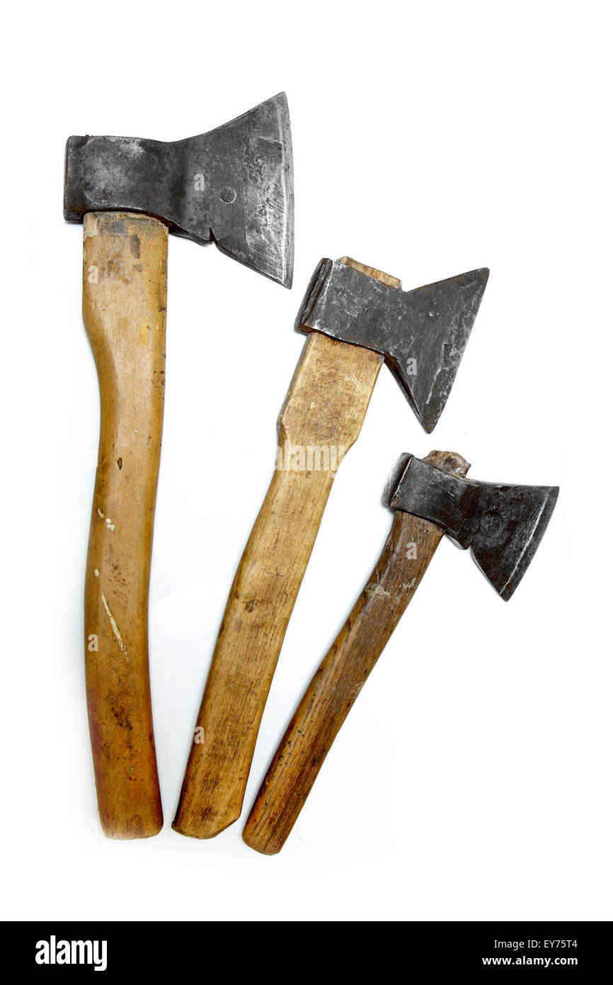 axes big large medium small wooden handle working vintage isolated construction steel rusted Stock Photo