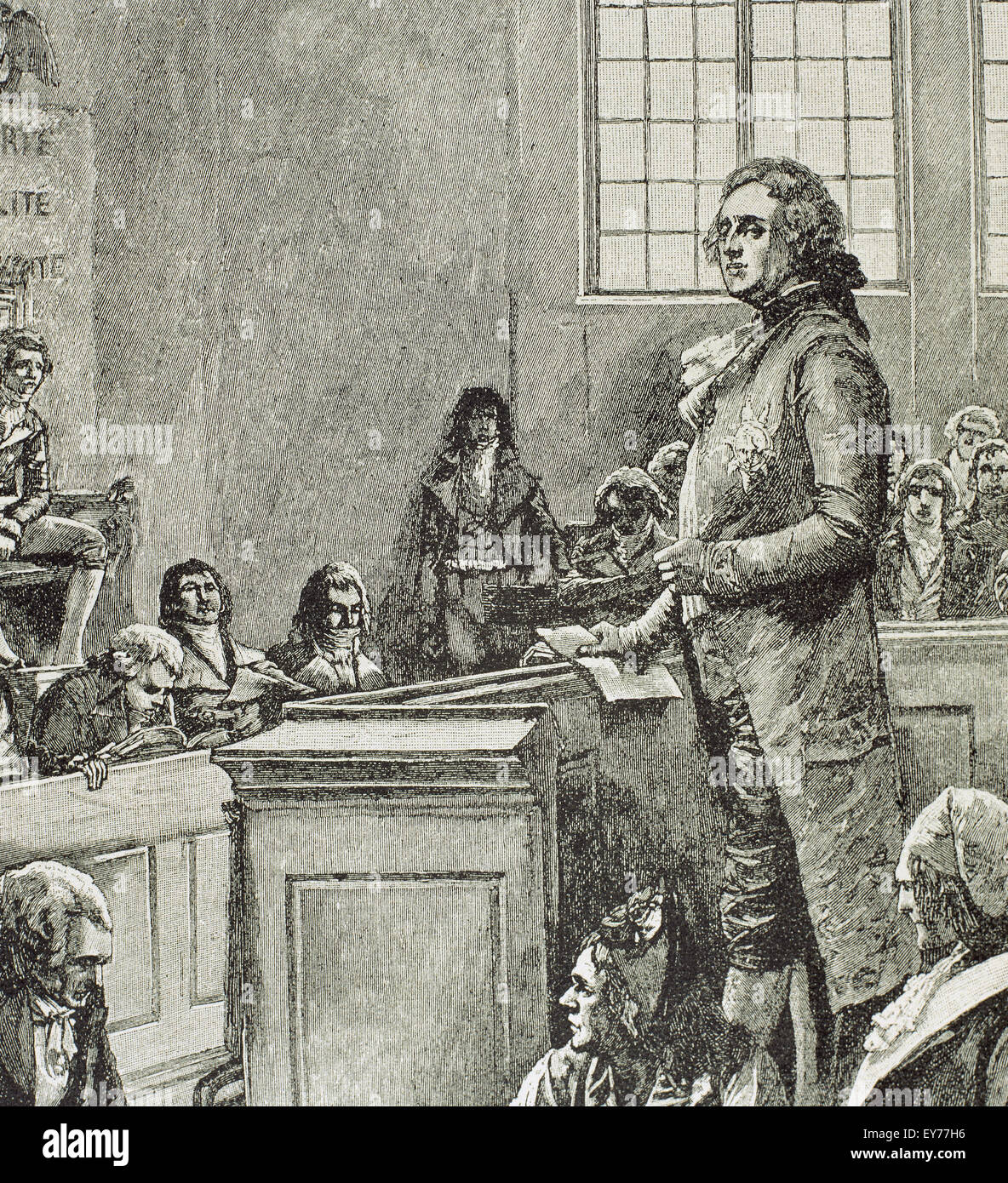 French Revolution (1789-1799). Time of the convention. Judgment of Louis XVI of France. Engraving. History of France, 1882. Stock Photo