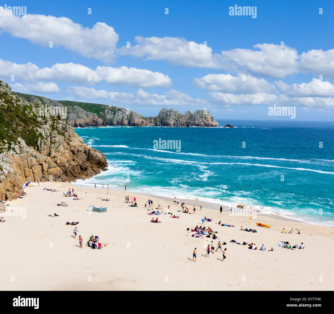 Beach at Porthcurno looking towards Logan Rock, Saint Levan, Cornwall, England, UK Stock Photo